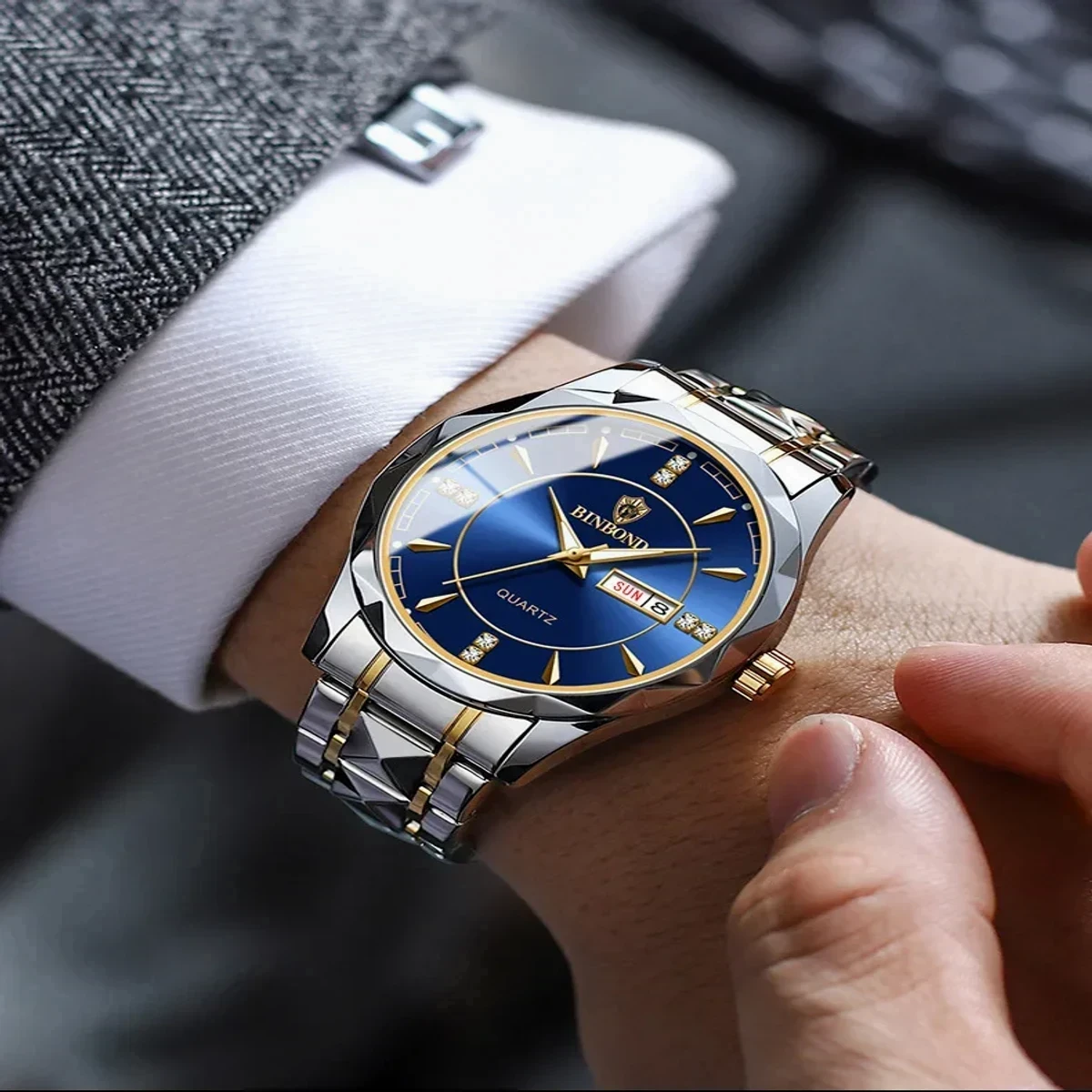 2023 New BINBOND Men's Watch Luxury Brand Business Gold Watch Waterproof Dual Calendar Luminous Stainless Steel Men's Quartz Wrist Watch